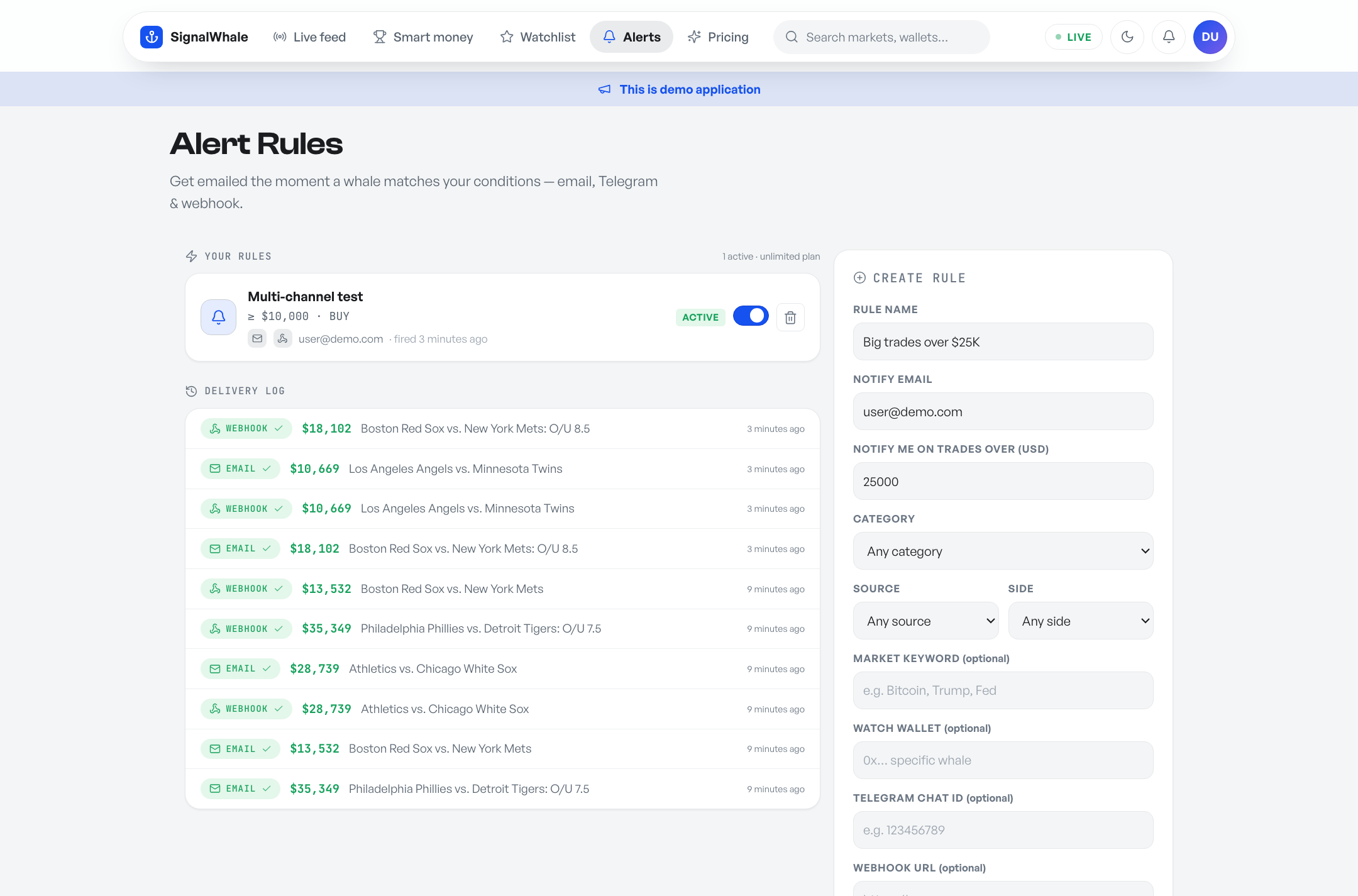 Alert rules and delivery log